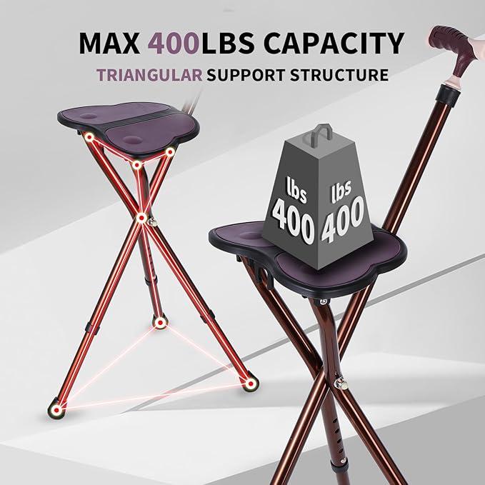 Folding Cane Seat 441 lbs Capacity Thick Aluminum Alloy Cane Stool Crutch Chair Seat Three-Legged Cane Seats Highly Adjustable Walking Stick Tall Unisex for Elderly As Gift