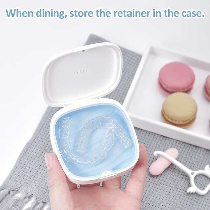2 Pack Retainer Case Slim Aligner Case with Vent Holes Removable Inner Tray Silicone for Easy Cleaning (2Pack White Blue)