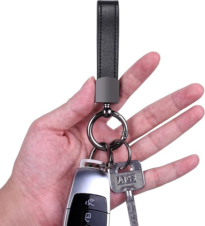 Wisdompro Genuine Leather Car Keychain, Universal Key Fob Keychain | Leather Car FOB Key Chain Holder for Men and Women, 360 Degree Rotatable, with Anti-lost D-ring and 3 Keyrings
