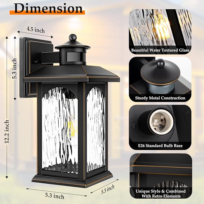 FILIYANO Motion Sensor Outdoor Wall Light Fixture, Dusk to Dawn, 1 Pack | Anti-Rust, Waterproof Exterior Lantern with 3 Modes, Modern Farmhouse Coach Sconce for Front Door, Garage, Porch, Entryway
