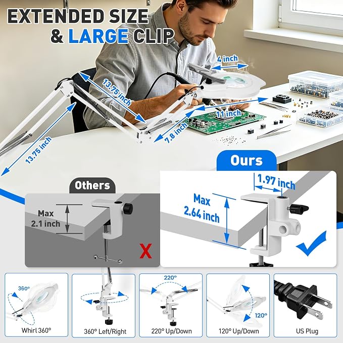 KIRKAS 12X 30X LED Magnifying Lamp with Clamp, 2,200 Lumens Dimmable Bright | 35in Adjust Swivel Arm Magnifying Glass with Light for Repair Reading Craft Needlework Workbench Magnifier Dust Cover White