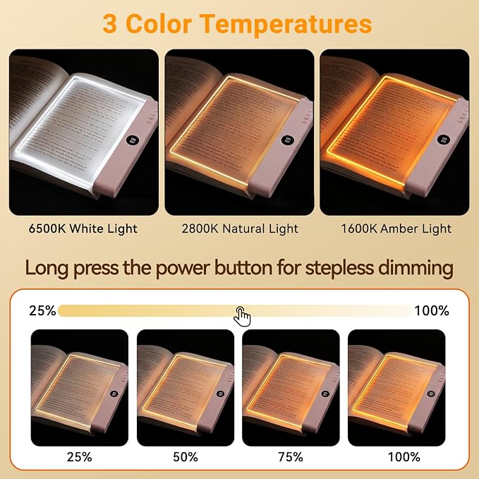 Amber Book Light, Rechargeable Clear LED Flat Reading Light with 3 Colors & Timer, Dimmable Panel Plate Lamp Book Full Page Light for Reading in Bed at Night, Funny Gifts for Readers Book Lovers