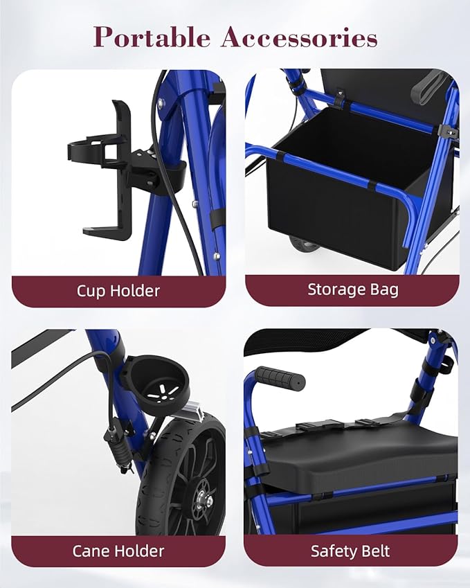 Walkers for Seniors with Seat, 2 in 1 Rollator Walker & Transport Chair with Reversible Backrest & Detachable Footrests, Folding Wheelchair with 8" Anti-Slip PU Wheels, Blue