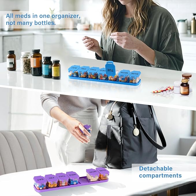 Yaklim 2-Pack Large Waterproof 7-Day Pill Organizer - Extra Large AM/PM Pill Boxes for Vitamins, Fish Oils & Supplements, Portable Daily Medication Dispenser with 14 Compartments