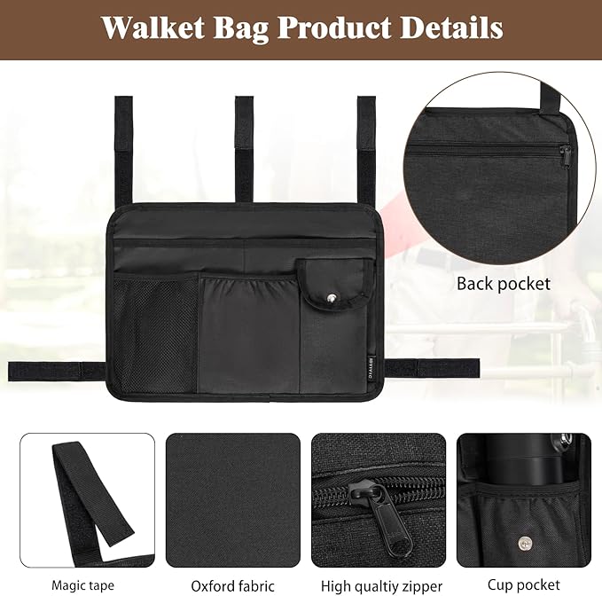 Walker Bag Multiple Pockets Walker Basket for Folding Walker with Cup Holder Bag for Walkers for Seniors Rollator Accessories Bag Black