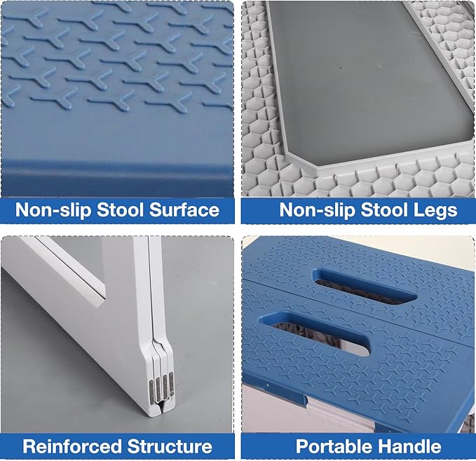 Foldable Small Waterproof Plastic Corner Stool for Bathroom - Foldable Non-Slip Shower Bench/Bathtub Stool for The Elderly, Blue-White Color Scheme,Holds Up to 330 lbs, 17.7 inches