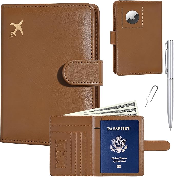 GOAUS Passport Holder for Travel with AirTag Slot, Passport Book Wallet | Cards Cash Pocket, RFID Blocking, Waterproof, Passport Case, Travel Gifts for Women Men, Faux Leather, AirTag Not Included