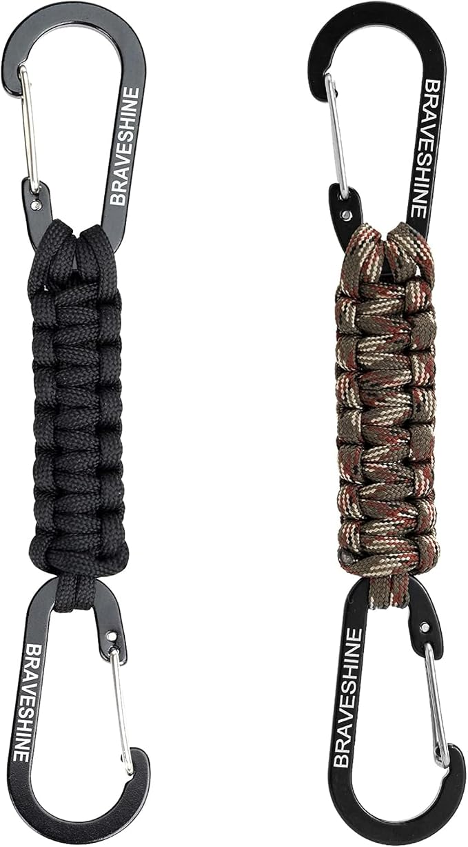BRAVESHINE Paracord Keychain Carabiner Clip | D Ring Hanger Lanyard Hook | 7.3inch Long | for Stroller, Water Bottle, Key, Backpacks, Men, Women, Luggage, Car Seat Headrest, Fence, Bag Charms