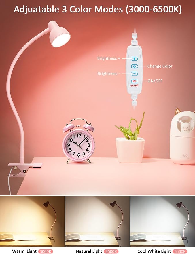 LiFMIRA Pink Small Desk Lamp Clip on LED Reading Light for Bed | 3 Color Modes 10 Dimmable Brightness, Book in Bed Headboard, Flexible Reading Lamp with Clamp BL08