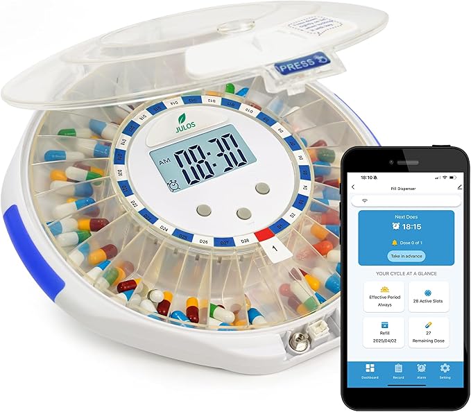 JULOS Bluetooth Automatic Pill Dispenser with App Alarm for Elderly | Tracks Adherence History, 28-Day Pill Organizer with Sound/Light Reminders & Safety Lock Key for Seniors, Caregivers Care
