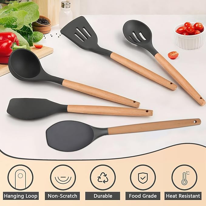 Silicone Cooking Utensils Set 5-Piece Non-Stick Kitchen Utensil Set, Wood Handle Heat Resistant Spatula Spoon Turner Soup Ladle Silicone Cooking Kitchen Gadgets BPA Free for Nonstick Cookware