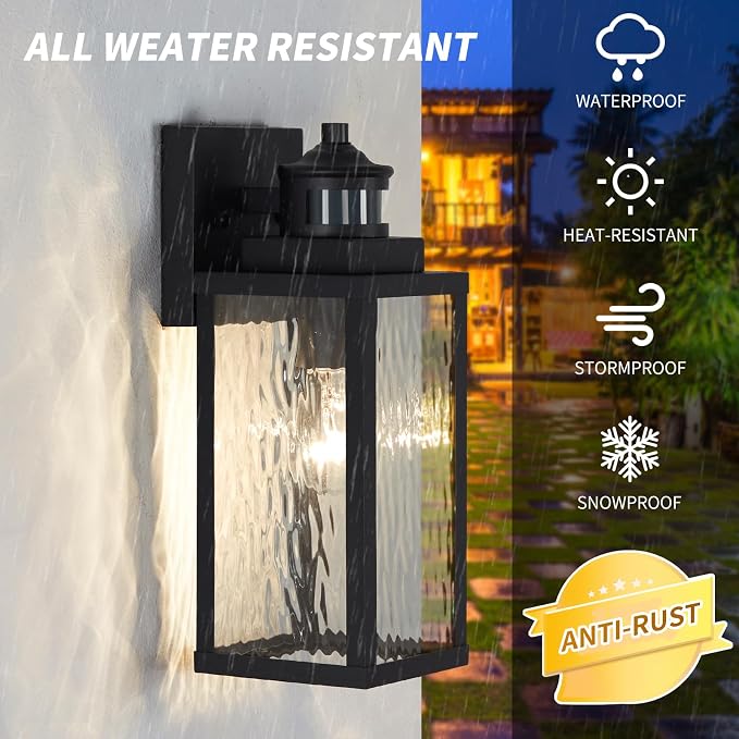 2 Pack Updated Dusk to Dawn Motion Sensor Outdoor Wall Light | Matte Black, Anti-Rust Aluminum, Waterproof, Water-Rippled Glass,Outdoor Wall Sconce for Porch, House,Garage & front door
