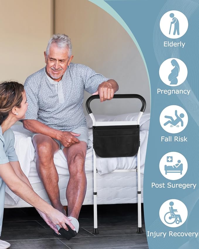 Bed Rails for Elderly Adults Safety - Adjustable Bed Assist Rail with Support Legs, Non-Slip Ergonomic Handle Bar Bed Guard Rails with Storage Bag - Fit King Queen Full Twin Beds