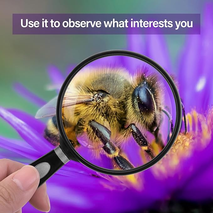 Feosky Handheld Reading Magnifier, 10X Magnifier, 130mm Shatterproof Lens, Non-Slip Handle for Adults Close Work, Seniors Reading and Nature Exploration, Hobby Observation(Pink)