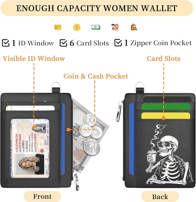 Hancynir Slim Wallet Women Credit Card Holder, Skull Skeleton Small RFID | Zipper Pocket Wallet, Thin Coin Purse, PU Leather, Minimalist Travel Card Case, 6 Card Slots, ID Window, Ladies Wallet Gifts