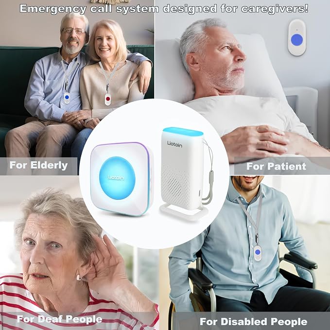 Caregiver Pager Wireless Alert System - Portable Bell for Home/Elderly/Patients/Seniors - 4 Waterproof Buttons, 1 Portable Receiver, 1 Plugin Receiver