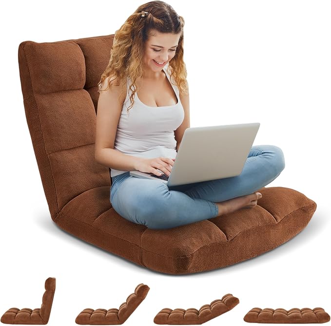 Folding Floor Gaming Chair 14-Poistion Cushioned Adjustable Floor Lazy Sofa Chair w/Breathable Cotton & Skin-Friendly Flannel for Adults & Kids Perfect for Reading Gaming Meditating, Brown