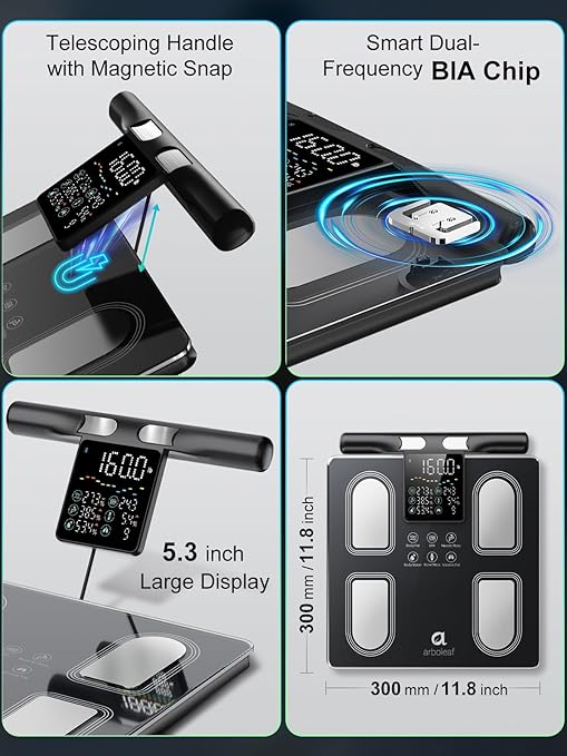 Arboleaf Smart Scale with Handle Display - 8-Electrode Body Pod Fat Scale, 50+ Metrics (BMI, Muscle, Visceral Fat), Bluetooth Scale for Body Weight, Unlimited Users, Home & Gym 400lbs, Black