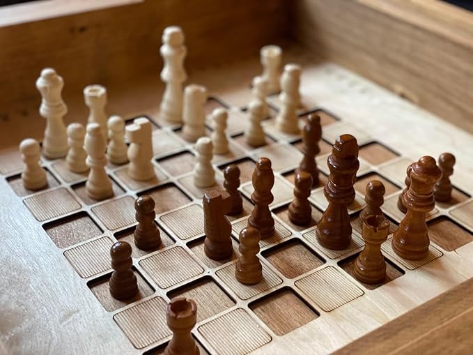 Rustic Chess and Checkers Coffee/End Table with Removable Glass top - Full Set of Chess and Checkers Pieces Included.