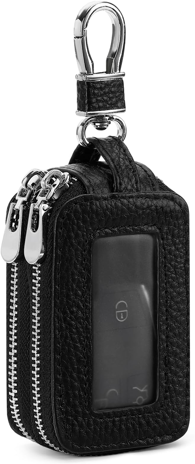 SENDEFN Car Key Fob Case Double Zipper Leather Smart Remote Keychain Protector Holder with Transparent Window