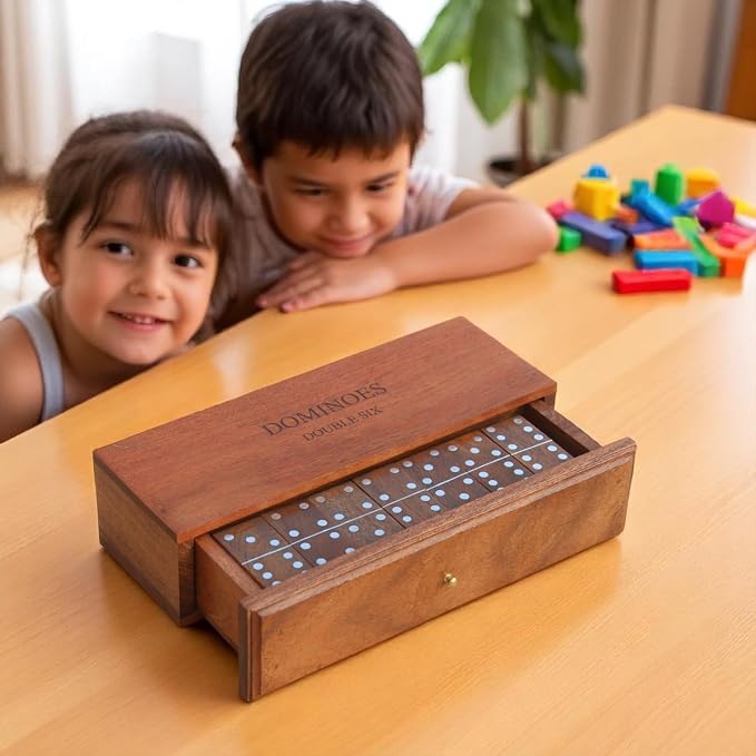T one Handmade Dominos Set for Adult and Kids with Wooden Box(28 Tiles) | Double six Dominos for Indoor Play | Family Party Game | Gift for Birthday/Christmas/Father Day (Design-3)