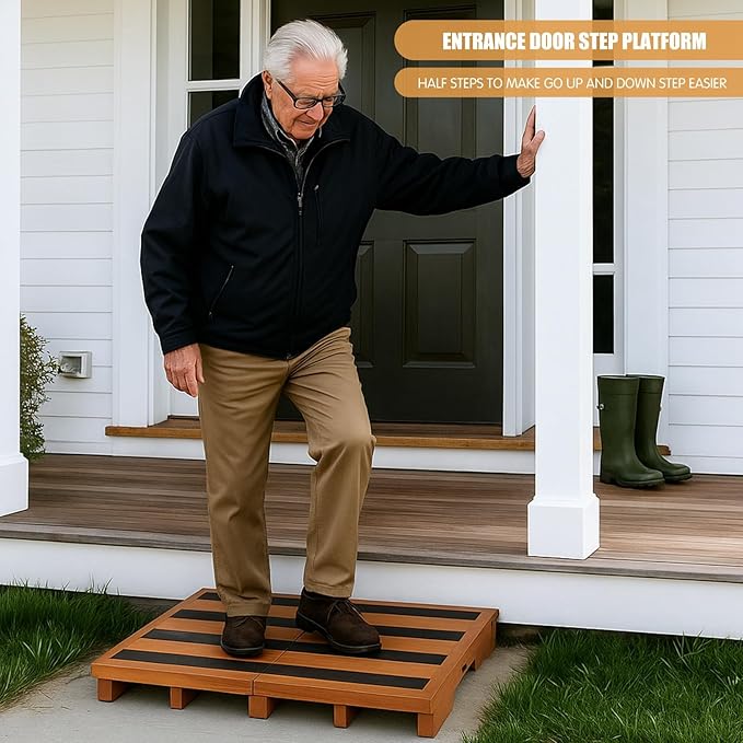 Wooden Step Stool 3 Inch One-Step Non-Slip Outdoor Platform Heavy Duty Portable Half-Step Ideal for Seniors with Knee Issues, Safe Step Stool for Outdoor Bathroom Kitchen Bed (Walnut Color)