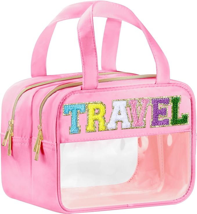 BuyCard Chenille Letter Clear Travel Bags, Makeup Bag for Travel, Preppy Patch Nylon Cosmetic Bag with Handles and Zipper, Waterproof Large Clear Travel Toiletry Bag Storage Bag for Women Pink