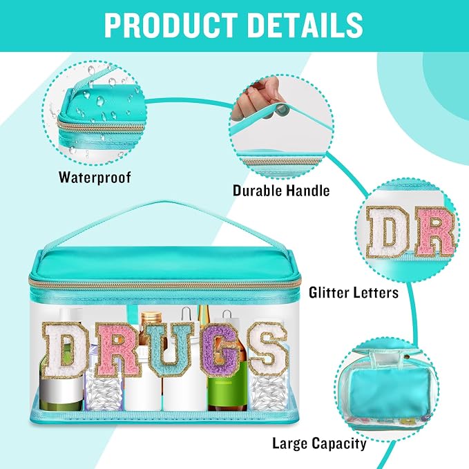 Clear Patch Letter Bag Medicine Drugs Pouch with Handle, Travel Chenille Letter Makeup Cosmetic Bag for Women Girls, Waterproof Nylon PVC Zipper Toiletry Meds Storage Case Stadium Bag(Green, DRUGS)