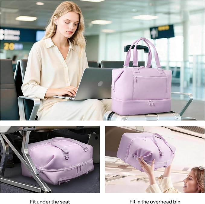 Travel Duffle Bag for Women, 40L Weekender Bags Airline Approved Carry On with Shoe Compartment & Waterproof Wet Pocket, Durable Nylon Weekender Overnight Bag for Travel, Gym, Business Trip, Purple