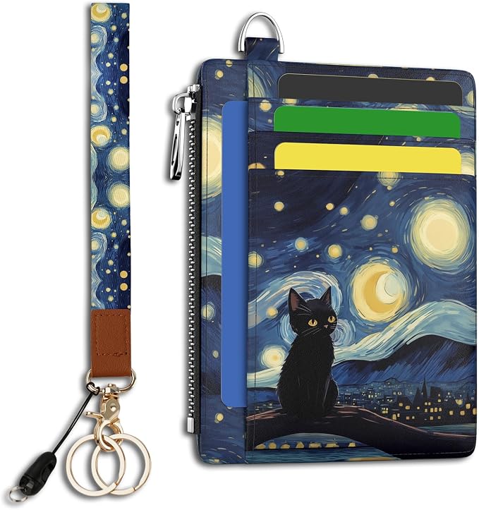 Hancynir Black Cat Slim Wallet Women Credit Card Holder Wristlet RFID Small | Cute Keychain Lanyard Wallet, Travel Zipper Coin Pocket, Ladies Gifts Women, Minimalist Card Case, 6 Card Slots, PU Leather