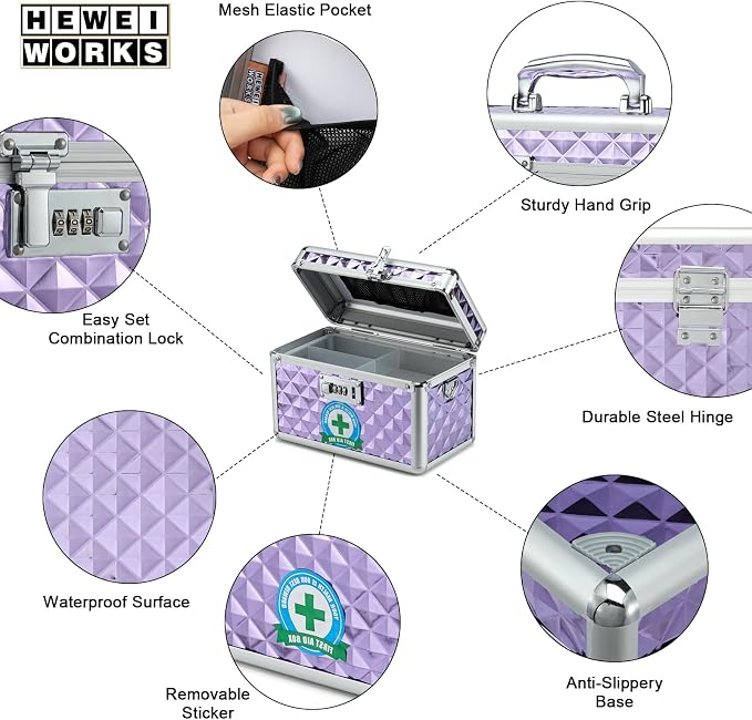 Storage Lock Box with Combination Lock, Lockable Medicine Storage Box, Empty First Aid Box, Security Lock Box, Multipurpose Locking Box for Home and Outdoor Use (Purple, Small)