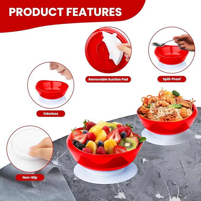 2Pack Spill Proof Scoop Bowl with Non-Skid Suction Base, Adaptive Self-Feeding Dinnerware for Elderly and Disabled(Red)