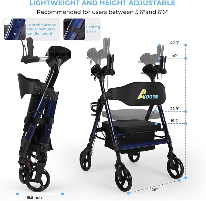 Heavy Duty Upright Walker, Rollator Walkers for Seniors with Seat, Foldable Stand Up Rolling Walker, Standing Walkers for Seniors, Adjustable Seat & Handle, Aluminum, 450 Lb. Weight Capacity, Blue