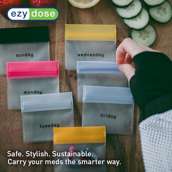 Ezy Dose Reusable 7-Day Travel Pill Pouch Set, Colored Days of the Week | Durable Travel-Sized Baggies, Includes Days of The Week Labels w/Color for Easy Identification, Silicone Storage