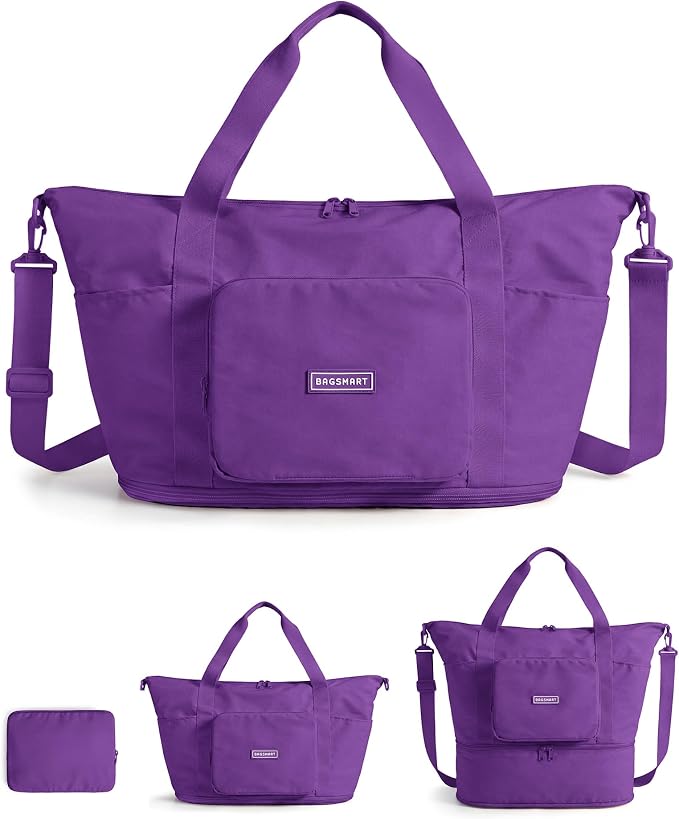 BAGSMART Foldable Travel Bag, 37L Expandable Personal Item Bag, Lightweight Weekender Bags for Women, Water Resistant Extra Carry on for Travel, Purple