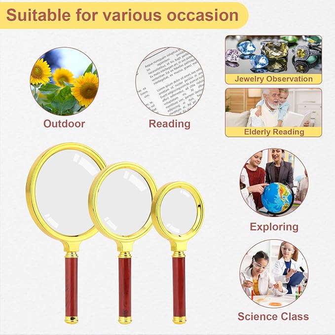 Rongon 5X Handheld Magnifier‌ with ‌Optical Glass Lens‌, 2Pack Vintage Gold Frame & Detachable ‌Rosewood Handle‌, ‌100MM Lens, Reading Magnifier‌ for Books/Newspapers, Jewelry & Hobby Observation