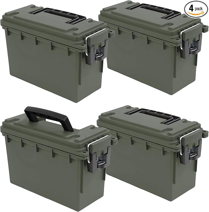 Sheffield Ammo Box Made in USA, Stackable Lockable Ammo Storage Box, Green | 4 Pack Lockable Storage Box, Water & Dust Resistant Dry Box, Secures Hunting Gear, Gun Accessories, Supplies, Bullets