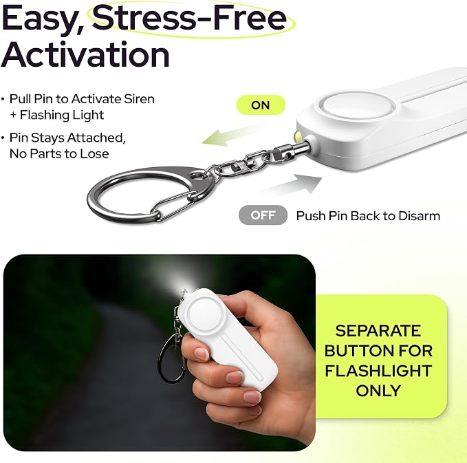 Weten Personal Safety Alarm Keychain - 130dB Siren, LED Light, Panic Pin – Compact Self-Defense Device and Emergency Whistle Alternative for Women, College, Travel, and Night Walk Protection (White) | LED Light, Panic Pin, Self-Defense Device, Emergenc...