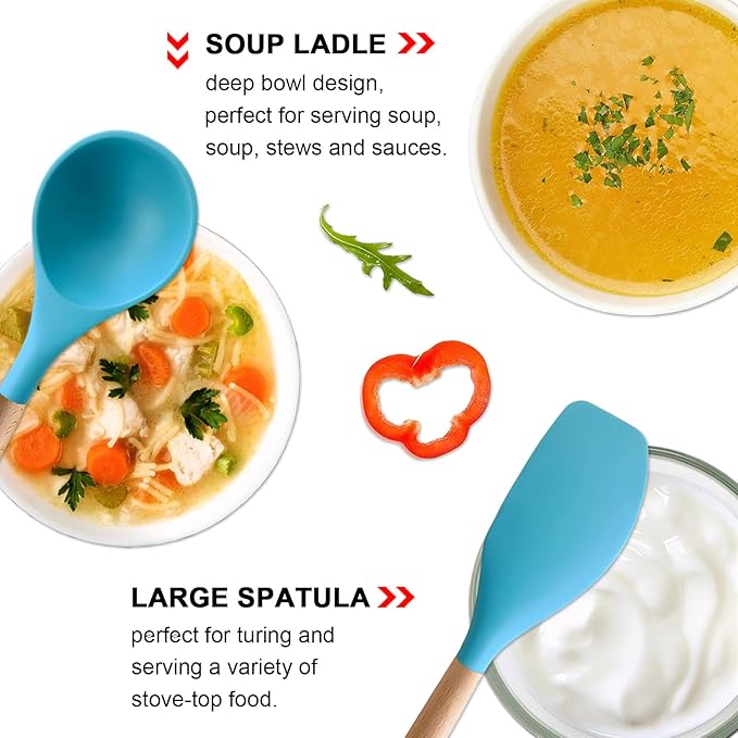 Silicone Kitchen Cooking Utensils Set, 5-Piece Non-Stick Silicone Kitchen Utensils Spatula Serving Spoons Turner Ladle Set w Wooden Handle Heat Resistant Cooking Gadgets for Nonstick Cookware