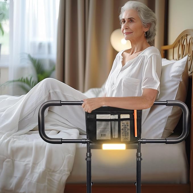 Bed Rails for Elderly Adults Safety with Light Adjustable Heights Storage Pocket Assist Support Side Railings for Seniors Citizens Slides Under Mattressbed Cane Bed Guard (Black with Warm Light)