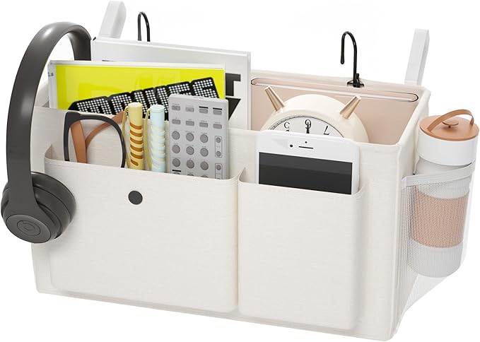 Bedside Caddy Bedside Storage Hanging Organizer for Bunk Dorm Bed Rail | Bed Caddy with Hooks, Top Bunks and Dorm Essentials for Water, Tissues, Tablets, Books, Phones, Remotes and Other Necessories