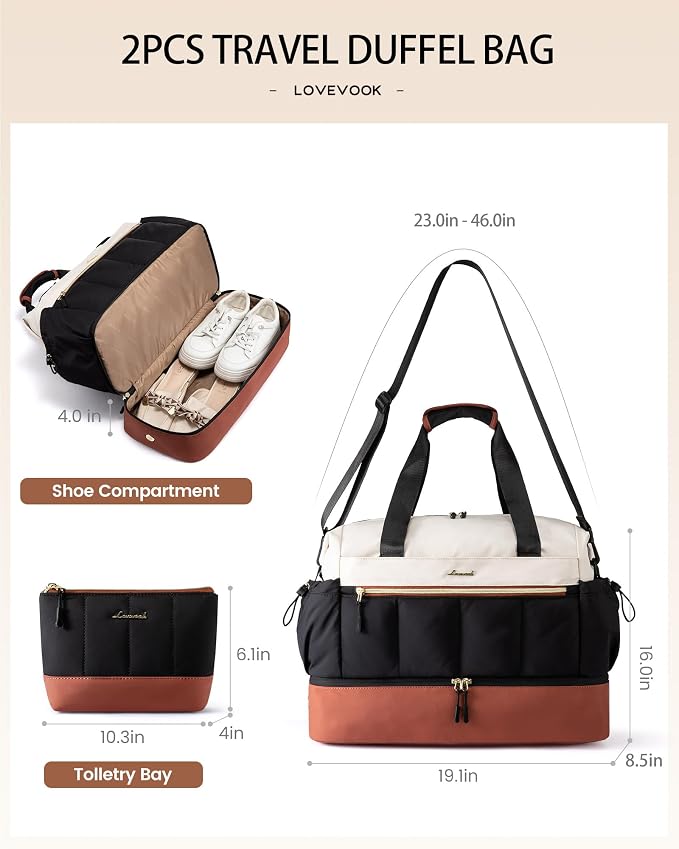 LOVEVOOK Travel Duffel Bag, Weekender Bags for Women, Large Overnight Bags with Shoe Compartment, 47L Carry on Gym Hospital Bag with Wet Pocket, 2 Pcs