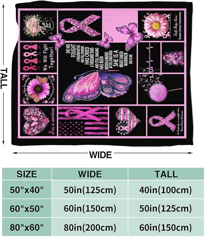 Breast Cancer Awareness Blanket Chemo Pink Ribbon Flannel Plush Throw Blanket Cozy Inspirational Warrior Decor Fleece Stuff Blanket Gifts for Lover Girls Boys Kids Adults Women Bed Travel 50"x60"