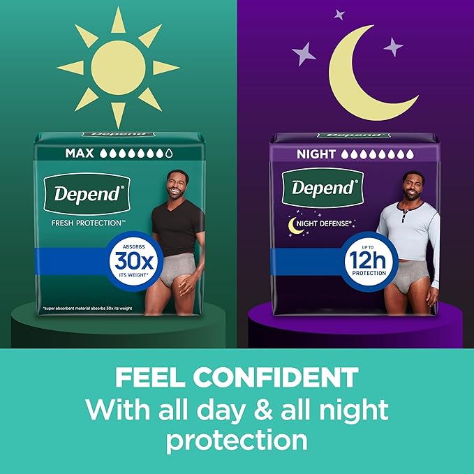 Depend Fresh Protection Adult Diapers, Incontinence Underwear for Men, Disposable, Maximum, Large, Grey, 28 Count, Packaging May Vary