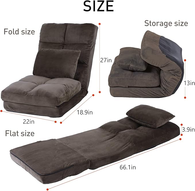 Indoor Chaise Lounge Sofa, Floor Chair with Back Support for Adults, 14 Angle Adjustment Recliner Chair, Folding Floor Lounger with Pillow 8823(Brown)