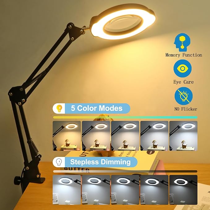 Upgrade 12X Magnifying Glass with Light, Real Glass Magnifying lamp, 5 Color Modes Stepless Dimmable, 84 LEDs, Magnifier with Light Hands Free for Close Work, Reading Craft Repair