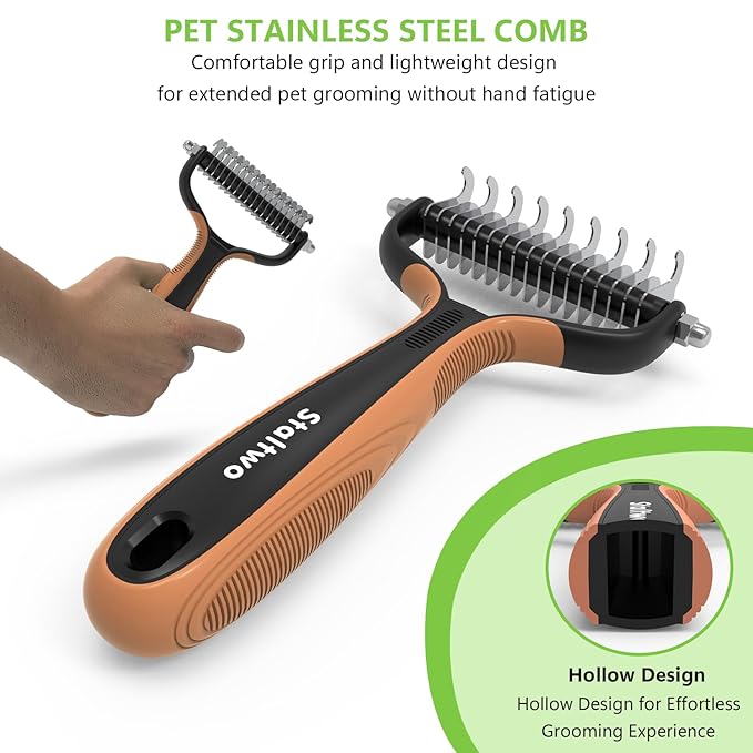 Staltwo Deshedding Dog Brush for Shedding - 2-in-1 Professional Undercoat Rake and Pet Grooming for Dogs and Cats | Shedding Control for Long-Haired Dogs and Cats, Deshedding Tool, Knot Removal,Orange