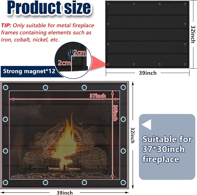 Magnetic Fireplace Blanket for Heat Loss Indoor Fireplace Covers Keep Drafts Out Stops Heat Loss Fireplace Draft Stopper with Built-in 12 Strong Magnet for Iron Fireplace Frame Fireplace Screen 39x32