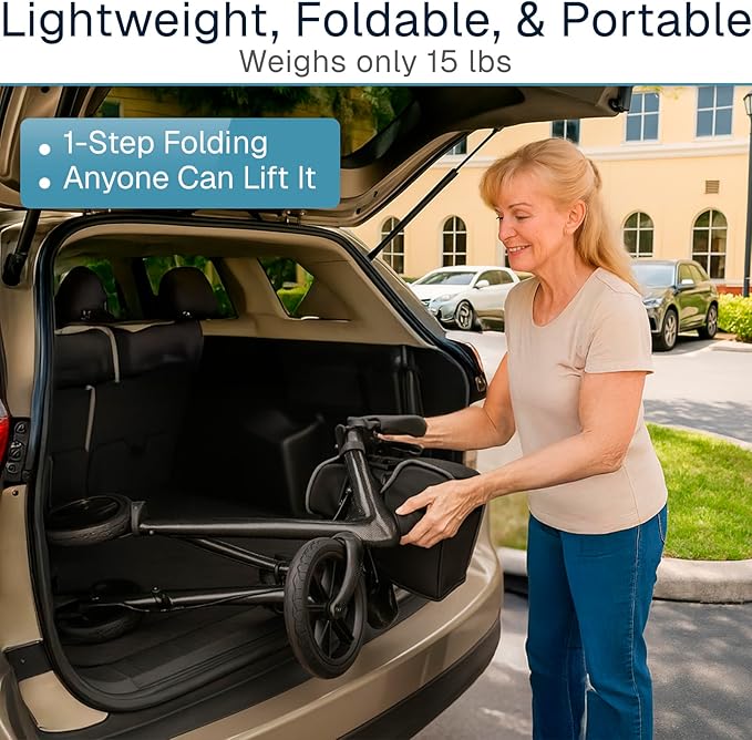 Vive Mobility Carbon Ultralight Rollator Walker - 4 Wheel Lightweight Carbon Fiber Walker for Seniors with Seat - All Terrain, Foldable, Height Adjustable - 300 lbs Weight Capacity, Mobility Aid