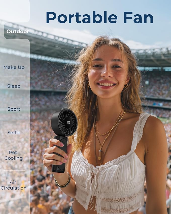 Peiyuu Handheld Fan, Portable Fan, 4000mAh Rechargeable Personal, 180° Foldable Mini Desk Fan with 6 Wind Speed, LCD Digital Display, Lanyard as Neck, Ultra Quiet, Pocket Size for Indoor Outdoor
